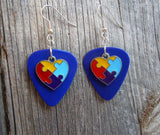 Puzzle Piece Heart Charm Guitar Pick Earrings - Pick Your Color - Autism Awareness