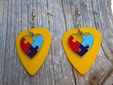 Puzzle Piece Heart Charm Guitar Pick Earrings - Pick Your Color - Autism Awareness
