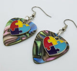 Puzzle Piece Heart Charm Guitar Pick Earrings - Pick Your Color - Autism Awareness