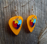 Puzzle Piece Heart Charm Guitar Pick Earrings - Pick Your Color - Autism Awareness