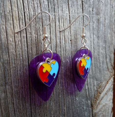 Puzzle Piece Heart Charm Guitar Pick Earrings - Pick Your Color - Autism Awareness