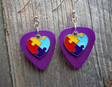 Puzzle Piece Heart Charm Guitar Pick Earrings - Pick Your Color - Autism Awareness