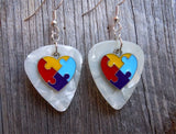 Puzzle Piece Heart Charm Guitar Pick Earrings - Pick Your Color - Autism Awareness