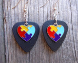 Puzzle Piece Heart Charm Guitar Pick Earrings - Pick Your Color - Autism Awareness