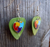 Puzzle Piece Heart Charm Guitar Pick Earrings - Pick Your Color - Autism Awareness