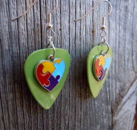 Puzzle Piece Heart Charm Guitar Pick Earrings - Pick Your Color - Autism Awareness