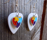 Puzzle Piece Heart Charm Guitar Pick Earrings - Pick Your Color - Autism Awareness