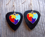 Puzzle Piece Heart Charm Guitar Pick Earrings - Pick Your Color - Autism Awareness