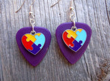 Puzzle Piece Heart Charm Guitar Pick Earrings - Pick Your Color - Autism Awareness
