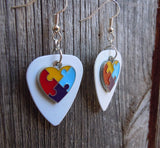 Puzzle Piece Heart Charm Guitar Pick Earrings - Pick Your Color - Autism Awareness