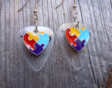 Puzzle Piece Heart Charm Guitar Pick Earrings - Pick Your Color - Autism Awareness