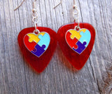 Puzzle Piece Heart Charm Guitar Pick Earrings - Pick Your Color - Autism Awareness