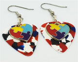 Puzzle Piece Heart Charm Guitar Pick Earrings - Pick Your Color - Autism Awareness