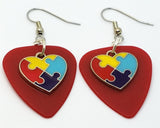 Puzzle Piece Heart Charm Guitar Pick Earrings - Pick Your Color - Autism Awareness