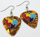 Puzzle Piece Heart Charm Guitar Pick Earrings - Pick Your Color - Autism Awareness