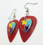 Puzzle Piece Heart Charm Guitar Pick Earrings - Pick Your Color - Autism Awareness