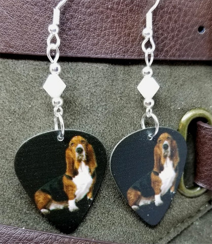 CLEARANCE Basset Hound Guitar Pick Earrings with White Alabaster Swarovski Crystals
