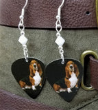 CLEARANCE Basset Hound Guitar Pick Earrings with White Alabaster Swarovski Crystals