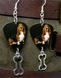Basset Hound Guitar Pick Earrings with Bone Charm Dangle