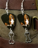 Basset Hound Guitar Pick Earrings with Bone Charm Dangle