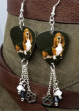 Basset Hound Guitar Pick Earrings with Paw Print Charm and Swarovski Crystal Dangles