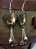 Basset Hound Guitar Pick Earrings with Paw Print Charm and Swarovski Crystal Dangles