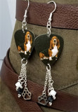Basset Hound Guitar Pick Earrings with Paw Print Charm and Swarovski Crystal Dangles