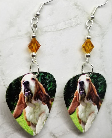 Basset Hound Guitar Pick Earrings with Topaz Swarovski Crystals
