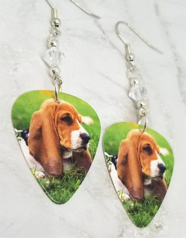 Basset Hound Guitar Pick Earrings with Clear Swarovski Crystals