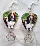 Basset Hound Guitar Pick Earrings with Paw Print Charm Dangle