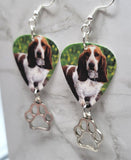 Basset Hound Guitar Pick Earrings with Paw Print Charm Dangle