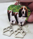 Basset Hound Guitar Pick Earrings with Paw Print Charm Dangle