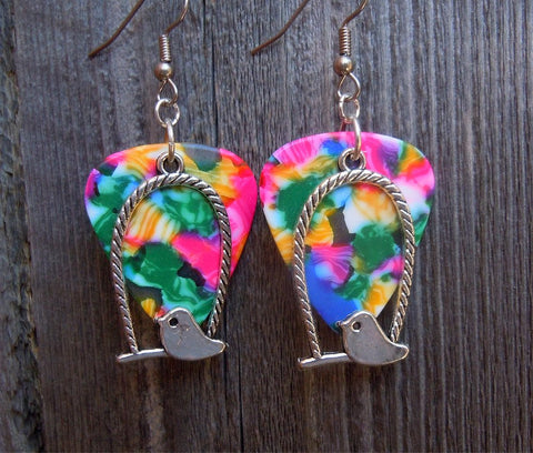 CLEARANCE Bird on a Swing Charm Guitar Pick Earrings - Pick Your Color