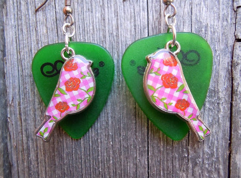 CLEARANCE Pink Plaid and Flowered Bird Charm Guitar Pick Earrings - Pick Your Color