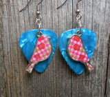 CLEARANCE Pink Plaid and Flowered Bird Charm Guitar Pick Earrings - Pick Your Color