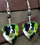 Border Collie Guitar Pick Earrings with Black Swarovski Crystals