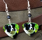 Border Collie Guitar Pick Earrings with Black Swarovski Crystals