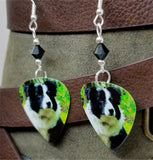 Border Collie Guitar Pick Earrings with Black Swarovski Crystals