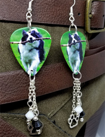 Border Collie Dog Guitar Pick Earrings with Paw Print Charm and Swarovski Crystal Dangles
