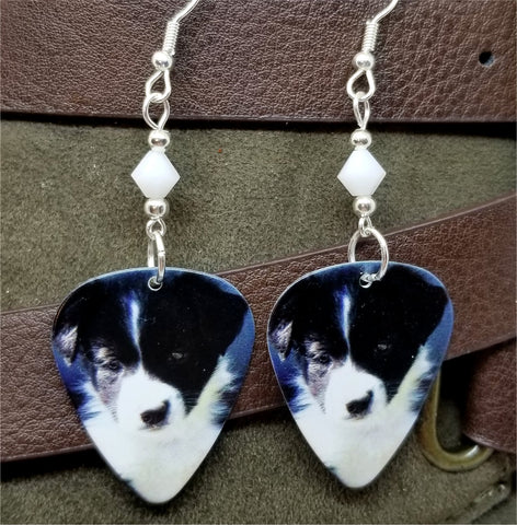Border Collie Puppy Guitar Pick Earrings with White Swarovski Crystal Bicones