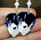 Border Collie Puppy Guitar Pick Earrings with White Swarovski Crystal Bicones