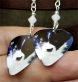 Border Collie Puppy Guitar Pick Earrings with White Swarovski Crystal Bicones