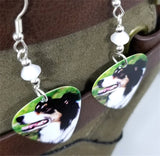 Border Collie Guitar Pick Earrings with White Swarovski Crystal Bicones
