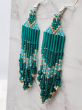 Teal, Light Teal and Metallic Gold Brick Stitch Earrings