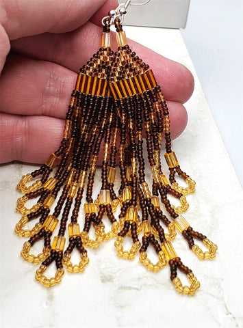Brown and Honey Colored Long Brick Stitch Earrings