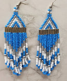 Blue, White and Metallic Silver Brick Stitch Earrings