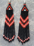 Matte Black, Red and White Long Brick Stitch Earrings