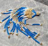Blue, Pearl White, and Metallic Gold and Silver Long Brick Stitch Earrings