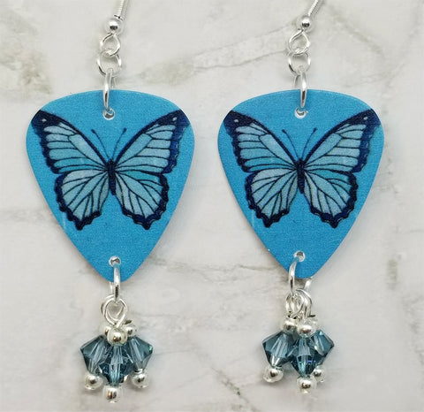 Blue Butterfly Guitar Pick Earrings with Blue Crystal Swarovski Dangles