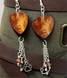 Chocolate Lab Guitar Pick Earrings with Paw Print Charm and Swarovski Crystal Dangles